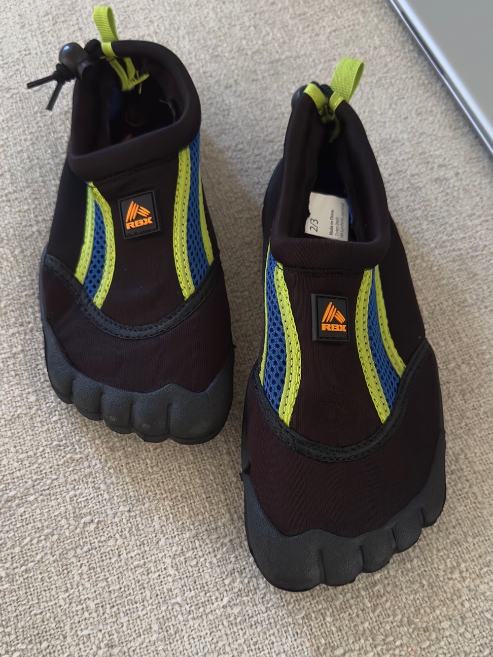 RBX Kids Water Shoes in Black with Blue and Lime Accents size 2/3